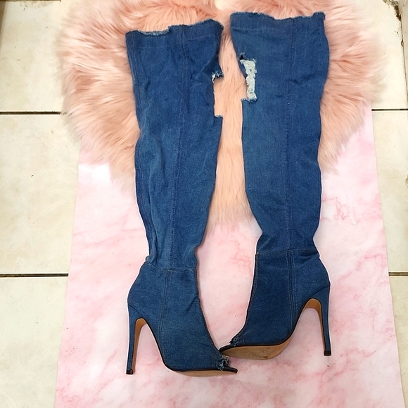 Brand New OPEN TOE DISTRESSED DENIM STILETTO FASHION THIGH-HI BOOTS-7 - Picture 2 of 6